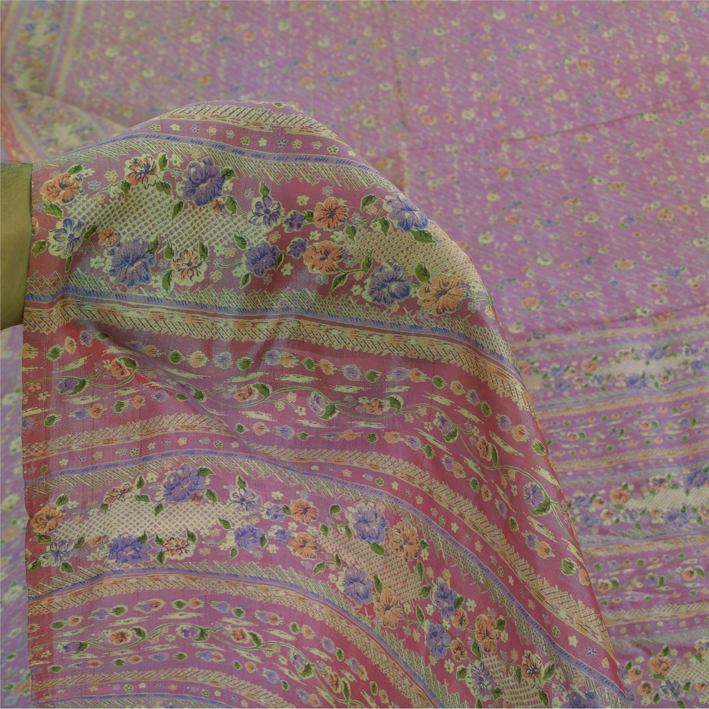 Sanskriti Vintage Sarees Shades Of Pink/Blue Pure Silk Printed Sari 5+yd Fabric