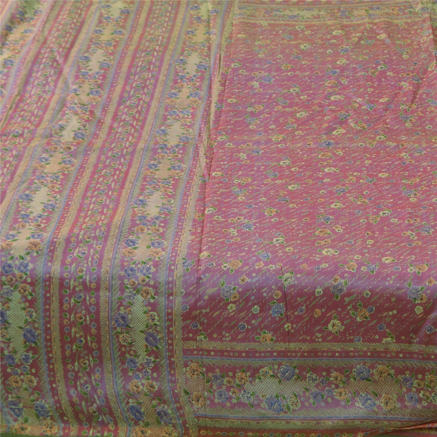 Sanskriti Vintage Sarees Shades Of Pink/Blue Pure Silk Printed Sari 5+yd Fabric