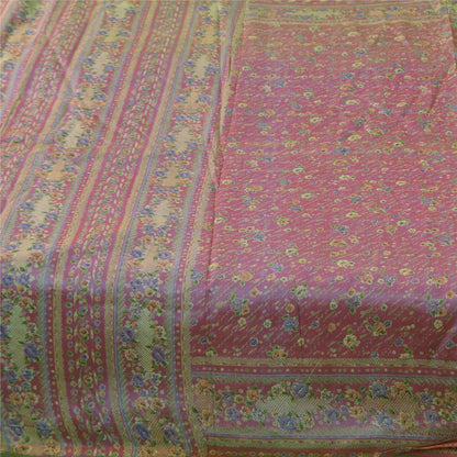 Sanskriti Vintage Sarees Shades Of Pink/Blue Pure Silk Printed Sari 5+yd Fabric