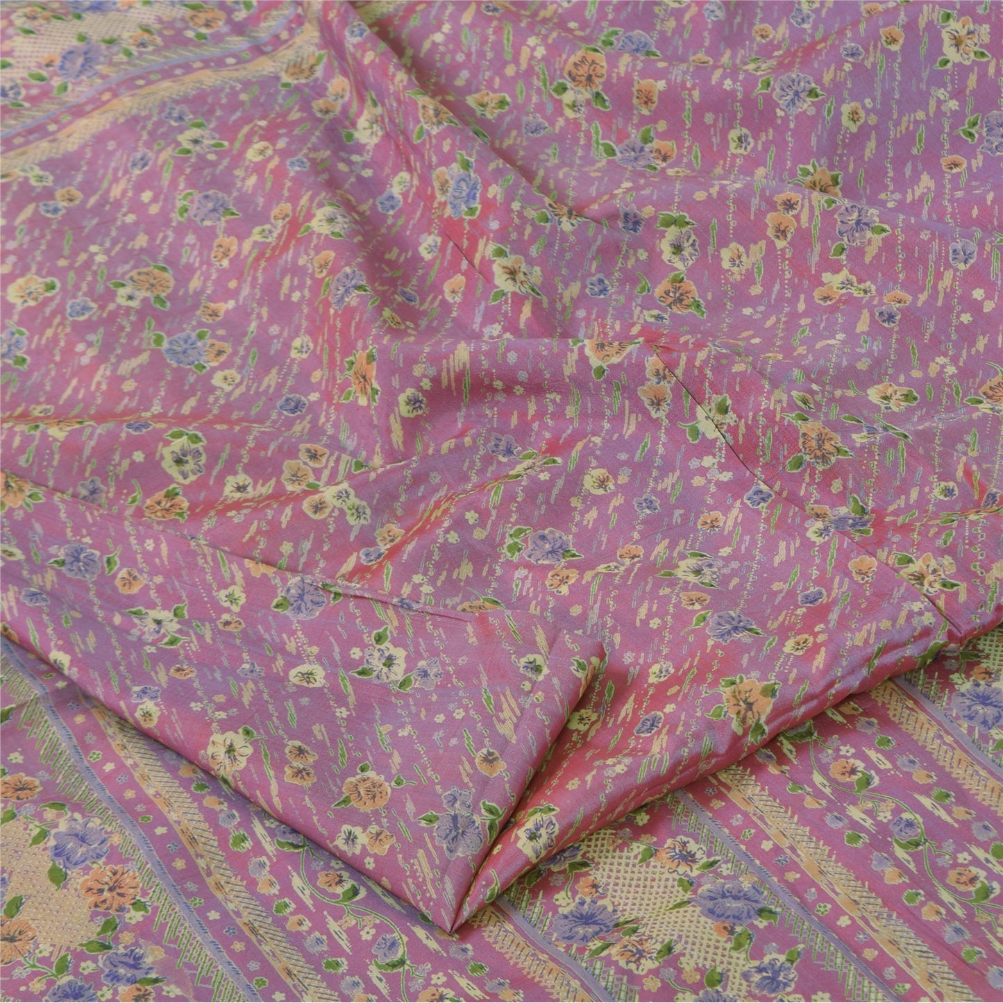 Sanskriti Vintage Sarees Shades Of Pink/Blue Pure Silk Printed Sari 5+yd Fabric