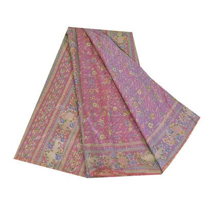 Sanskriti Vintage Sarees Shades Of Pink/Blue Pure Silk Printed Sari 5+yd Fabric