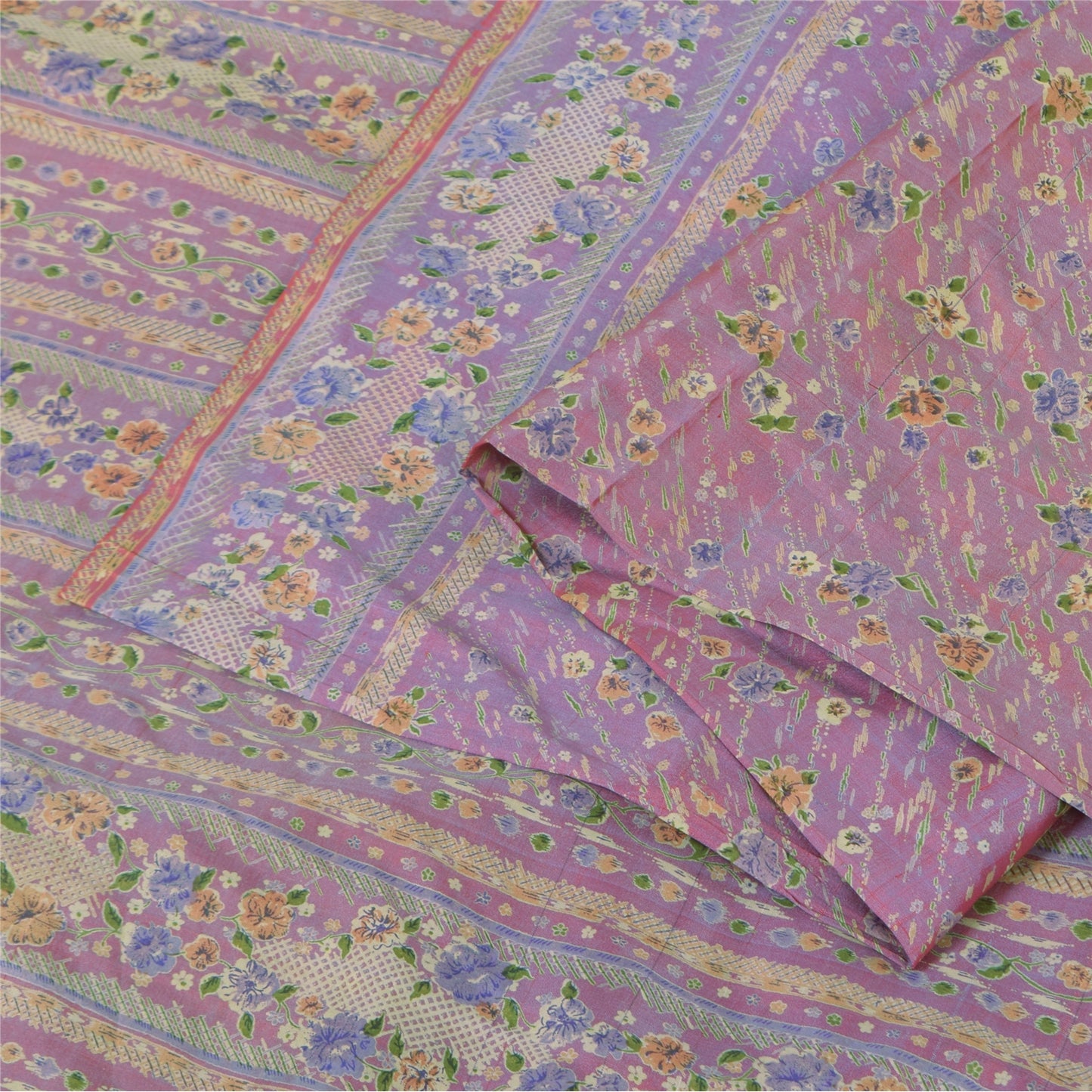 Sanskriti Vintage Sarees Shades Of Pink/Blue Pure Silk Printed Sari 5+yd Fabric