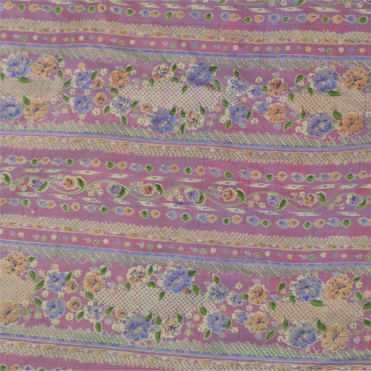 Sanskriti Vintage Sarees Shades Of Pink/Blue Pure Silk Printed Sari 5+yd Fabric