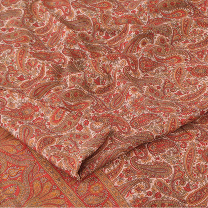 Sanskriti Vintage Sarees Cream/Red 100% Pure Silk Printed Sari 5+yd Craft Fabric