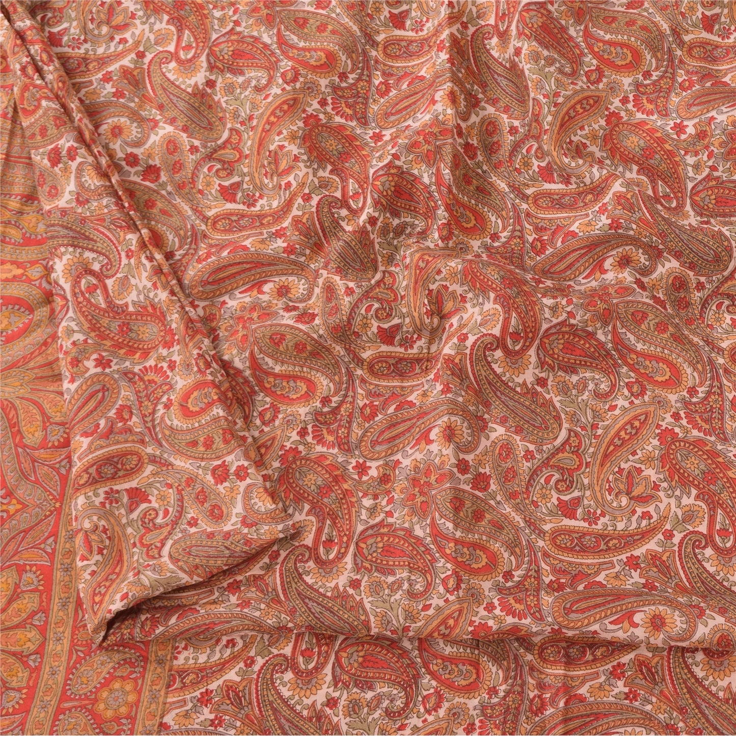 Sanskriti Vintage Sarees Cream/Red 100% Pure Silk Printed Sari 5+yd Craft Fabric