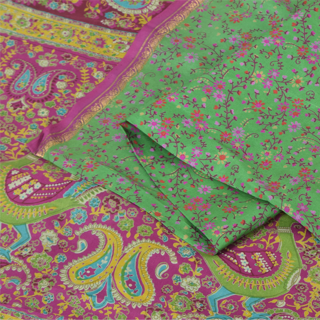 Sanskriti Vintage Sarees Green Peacock Printed Pure Silk Sari 5+yd Craft Fabric