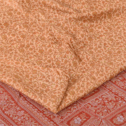 Sanskriti Vintage Sarees Peach Zari BorderPure Silk Print Sari 6+yd Craft Fabric