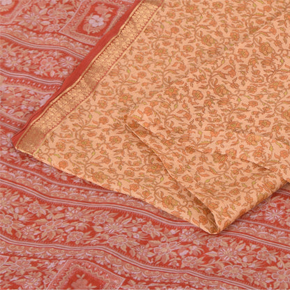 Sanskriti Vintage Sarees Peach Zari BorderPure Silk Print Sari 6+yd Craft Fabric