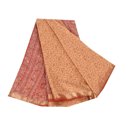 Sanskriti Vintage Sarees Peach Zari BorderPure Silk Print Sari 6+yd Craft Fabric