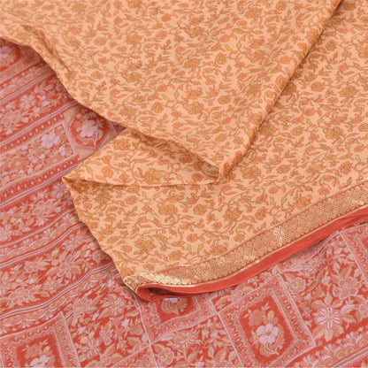 Sanskriti Vintage Sarees Peach Zari BorderPure Silk Print Sari 6+yd Craft Fabric