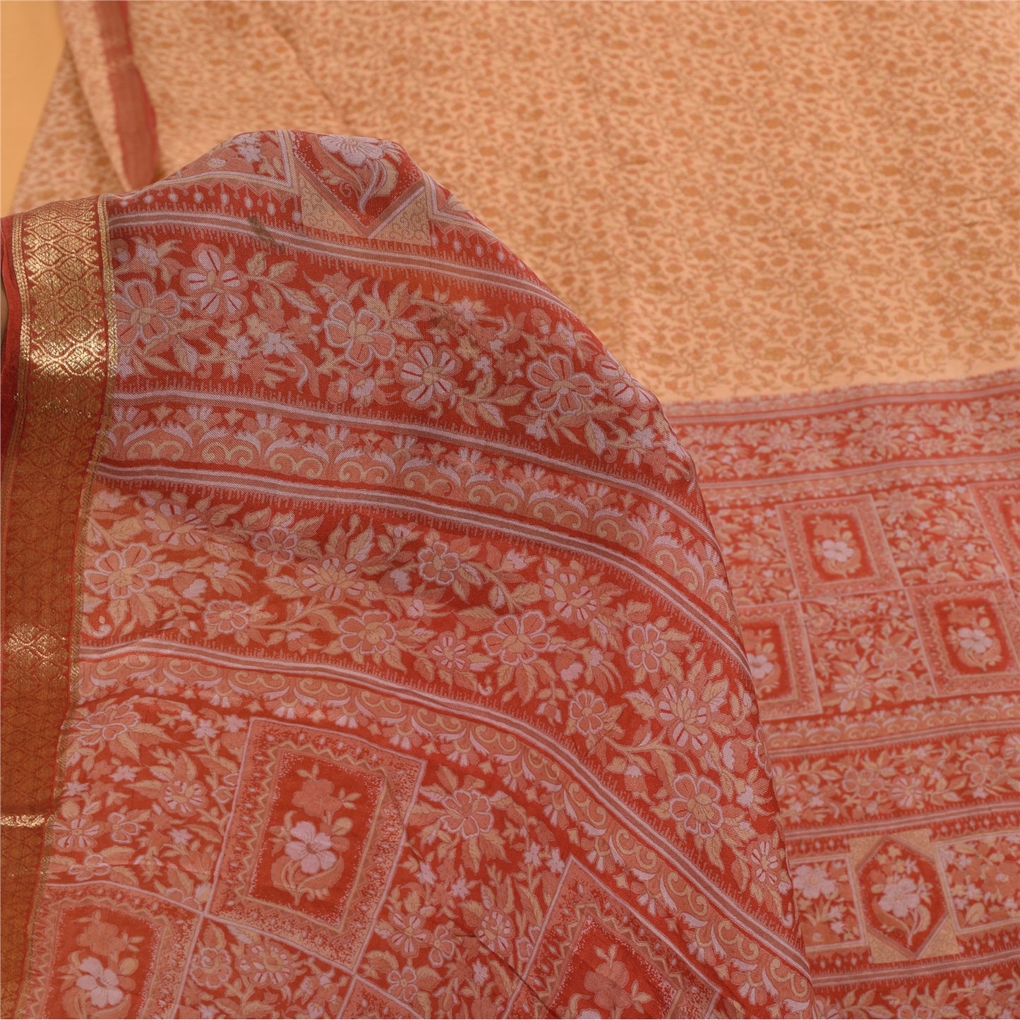 Sanskriti Vintage Sarees Peach Zari BorderPure Silk Print Sari 6+yd Craft Fabric