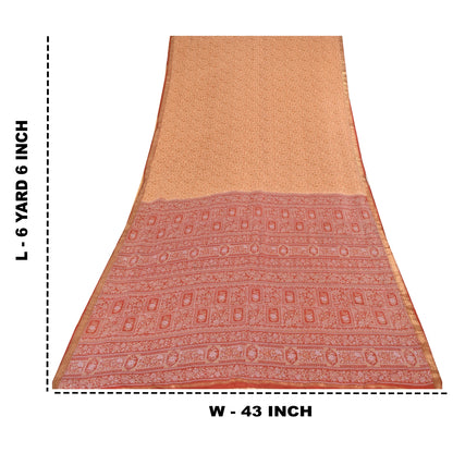 Sanskriti Vintage Sarees Peach Zari BorderPure Silk Print Sari 6+yd Craft Fabric