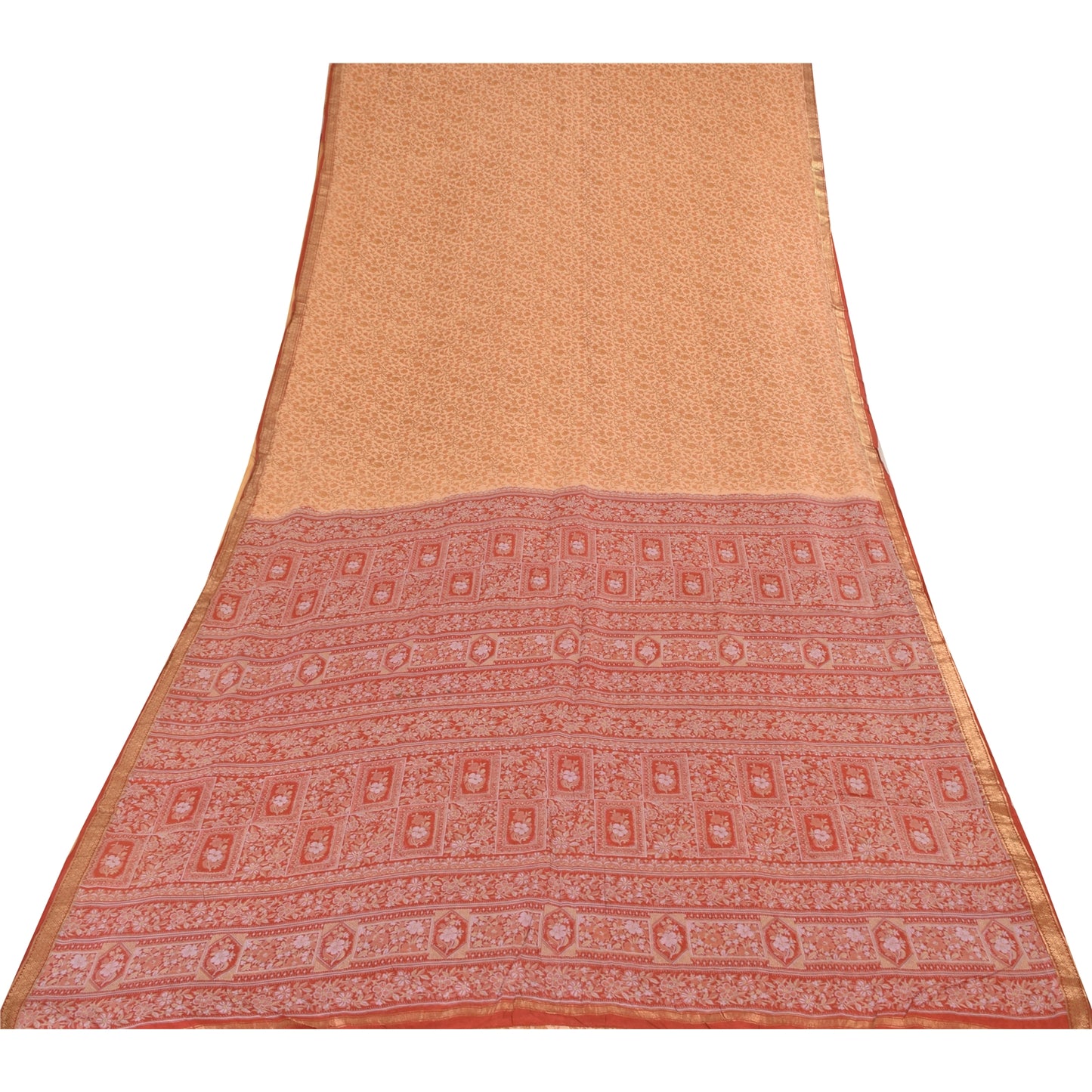 Sanskriti Vintage Sarees Peach Zari BorderPure Silk Print Sari 6+yd Craft Fabric