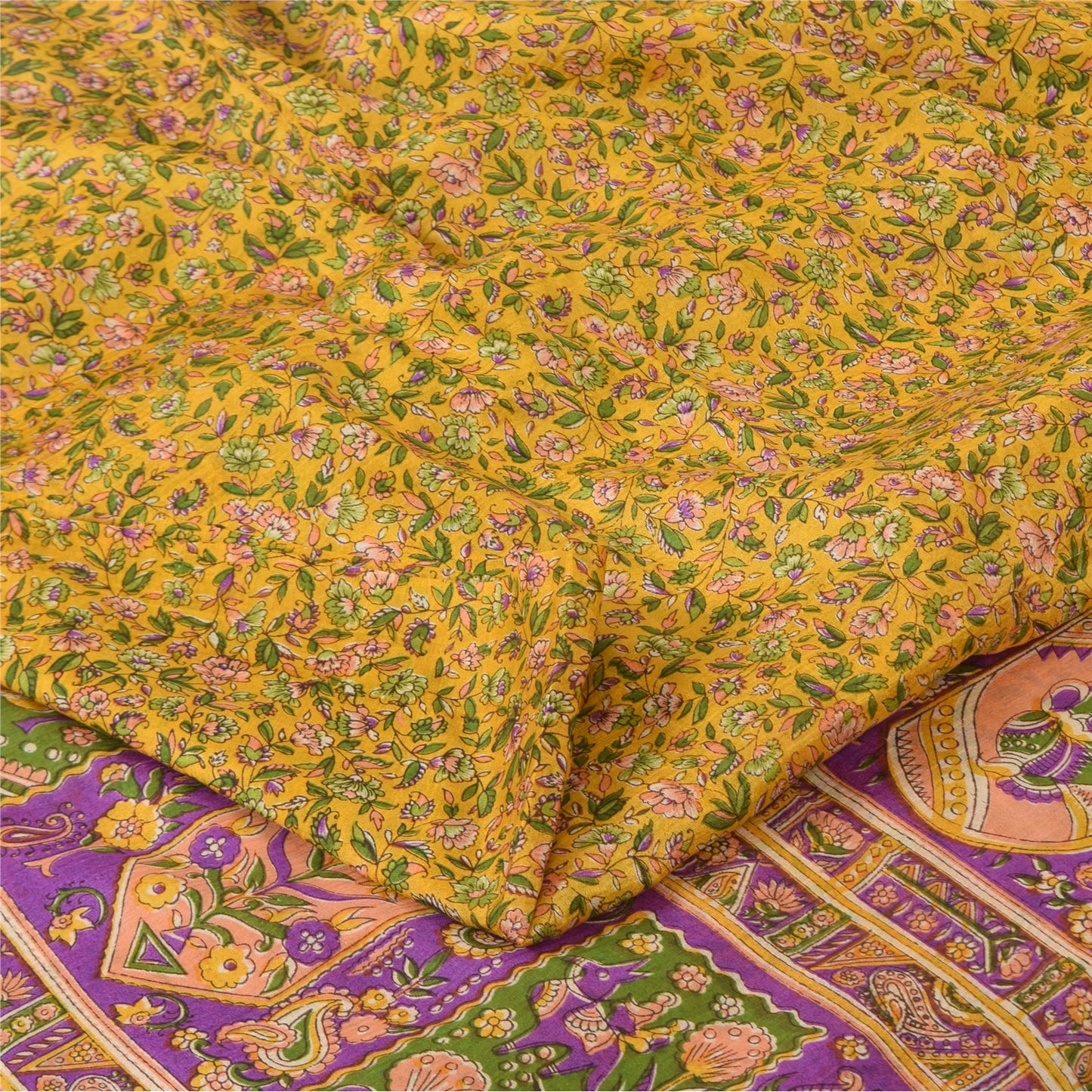 Sanskriti Vintage Sarees Yellow 100% Pure Silk Printed Sari 5+yd Craft Fabric