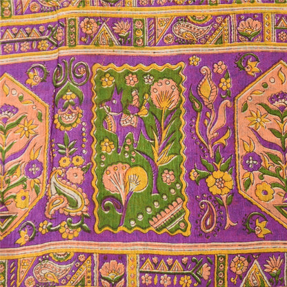 Sanskriti Vintage Sarees Yellow 100% Pure Silk Printed Sari 5+yd Craft Fabric