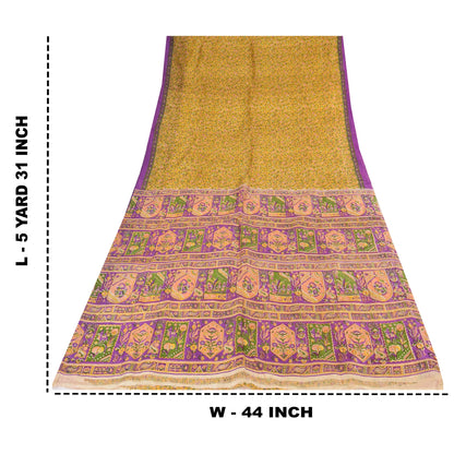 Sanskriti Vintage Sarees Yellow 100% Pure Silk Printed Sari 5+yd Craft Fabric