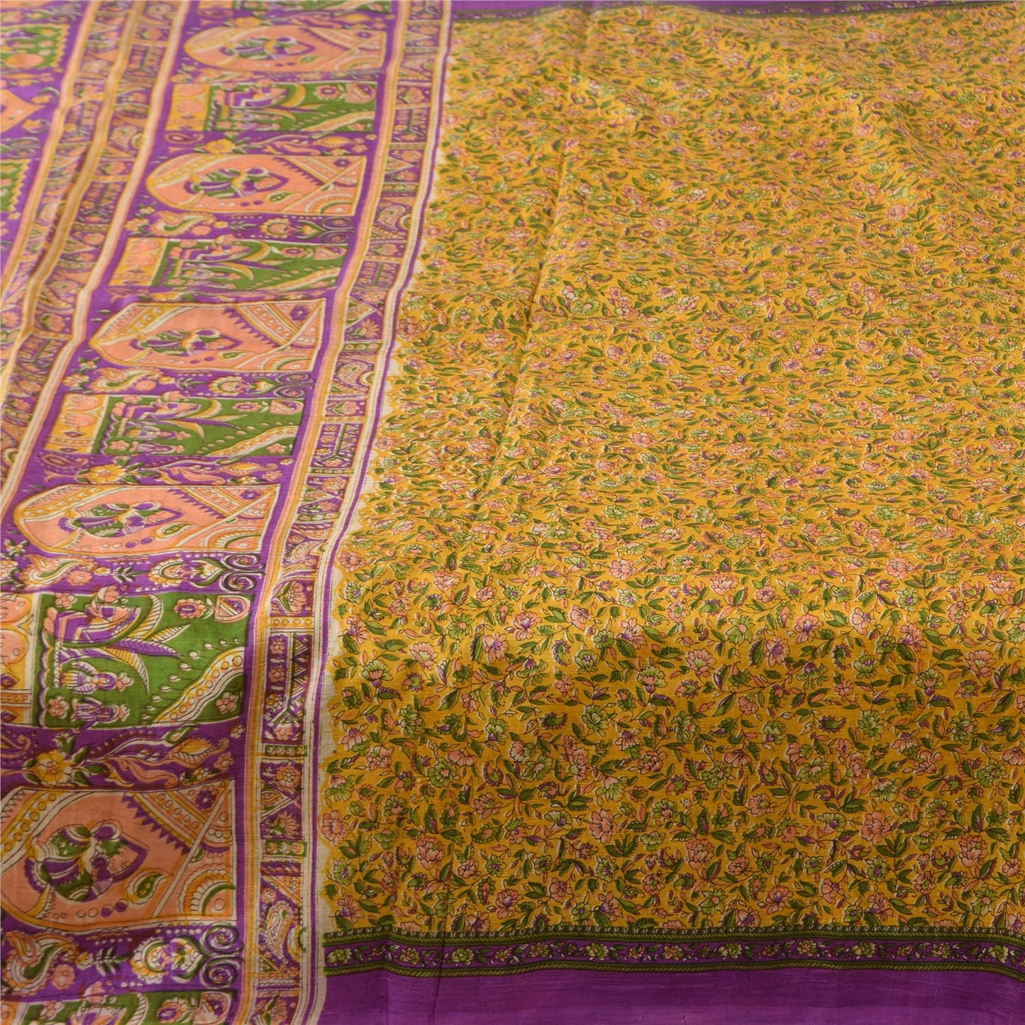 Sanskriti Vintage Sarees Yellow 100% Pure Silk Printed Sari 5+yd Craft Fabric