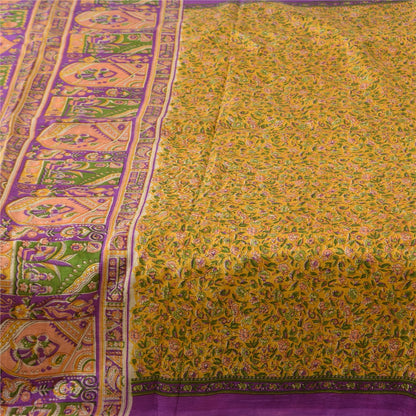 Sanskriti Vintage Sarees Yellow 100% Pure Silk Printed Sari 5+yd Craft Fabric