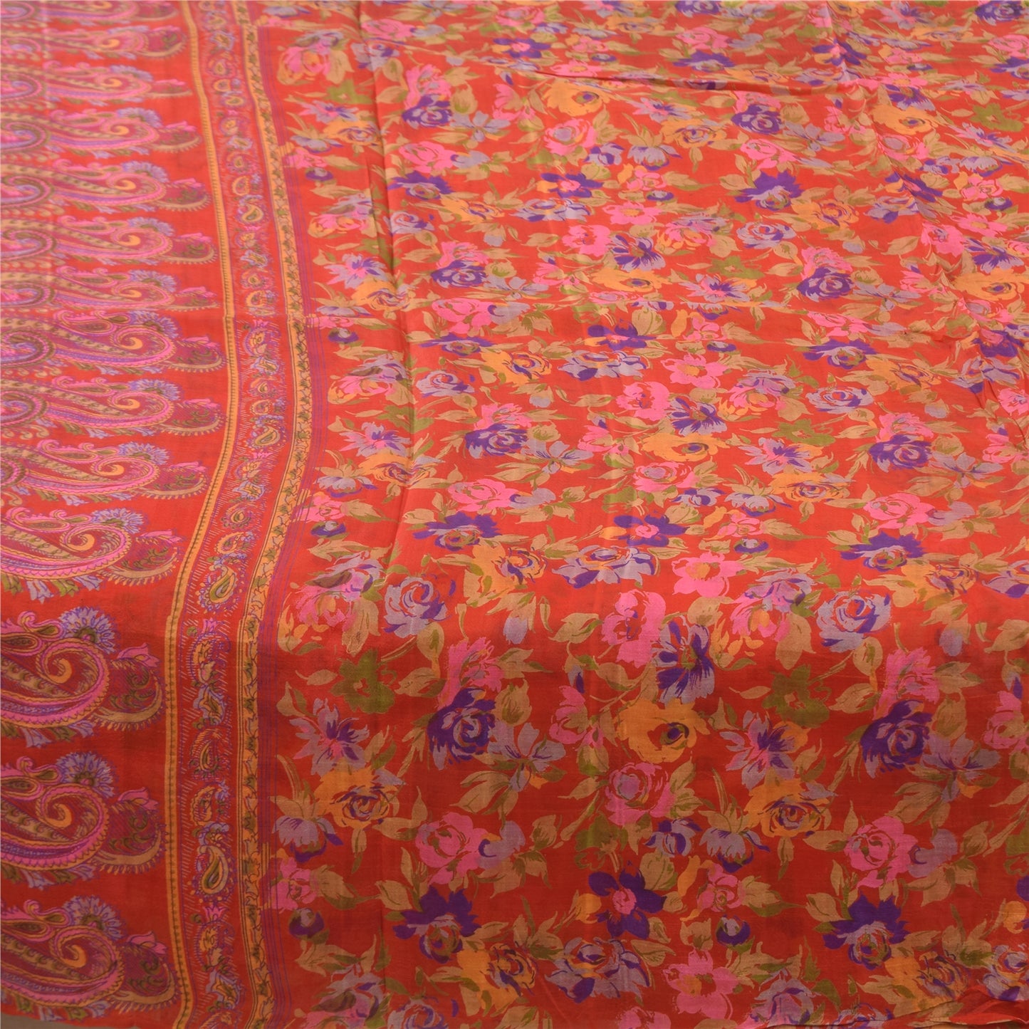 Sanskriti Vintage Sarees Orange 100% Pure Silk Printed Sari 6+yd Craft Fabric