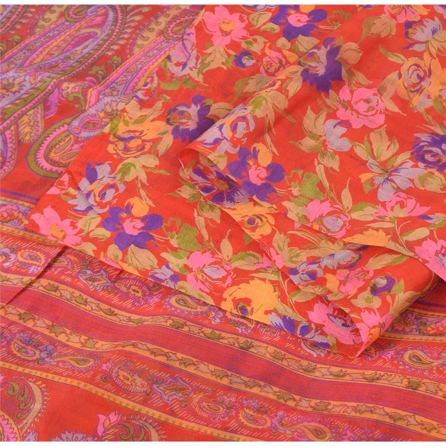 Sanskriti Vintage Sarees Orange 100% Pure Silk Printed Sari 6+yd Craft Fabric