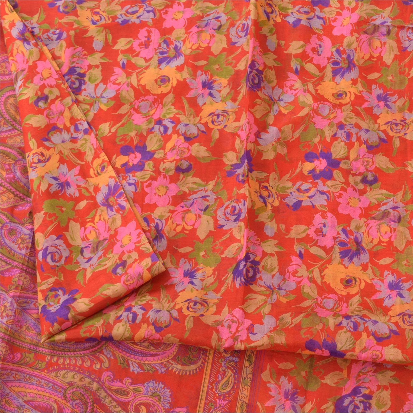 Sanskriti Vintage Sarees Orange 100% Pure Silk Printed Sari 6+yd Craft Fabric