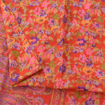 Sanskriti Vintage Sarees Orange 100% Pure Silk Printed Sari 6+yd Craft Fabric