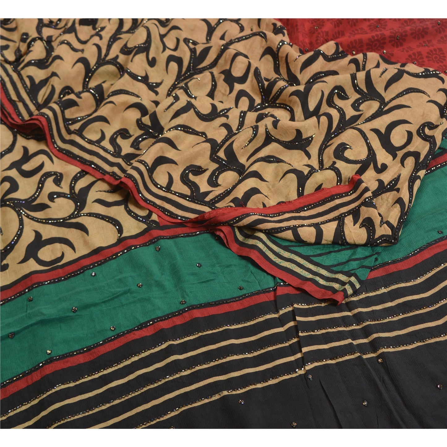 Sanskriti Vintage Sarees Hand Beaded Pure Crepe Silk Printed Sari Craft Fabric