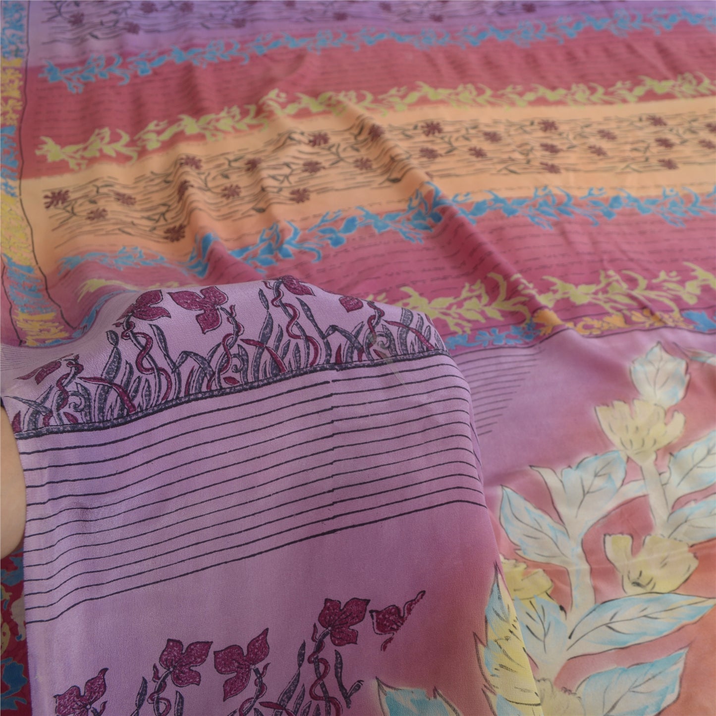 Sanskriti Vintage Sarees Indian Multi Pure Crepe Silk Printed Sari Craft Fabric