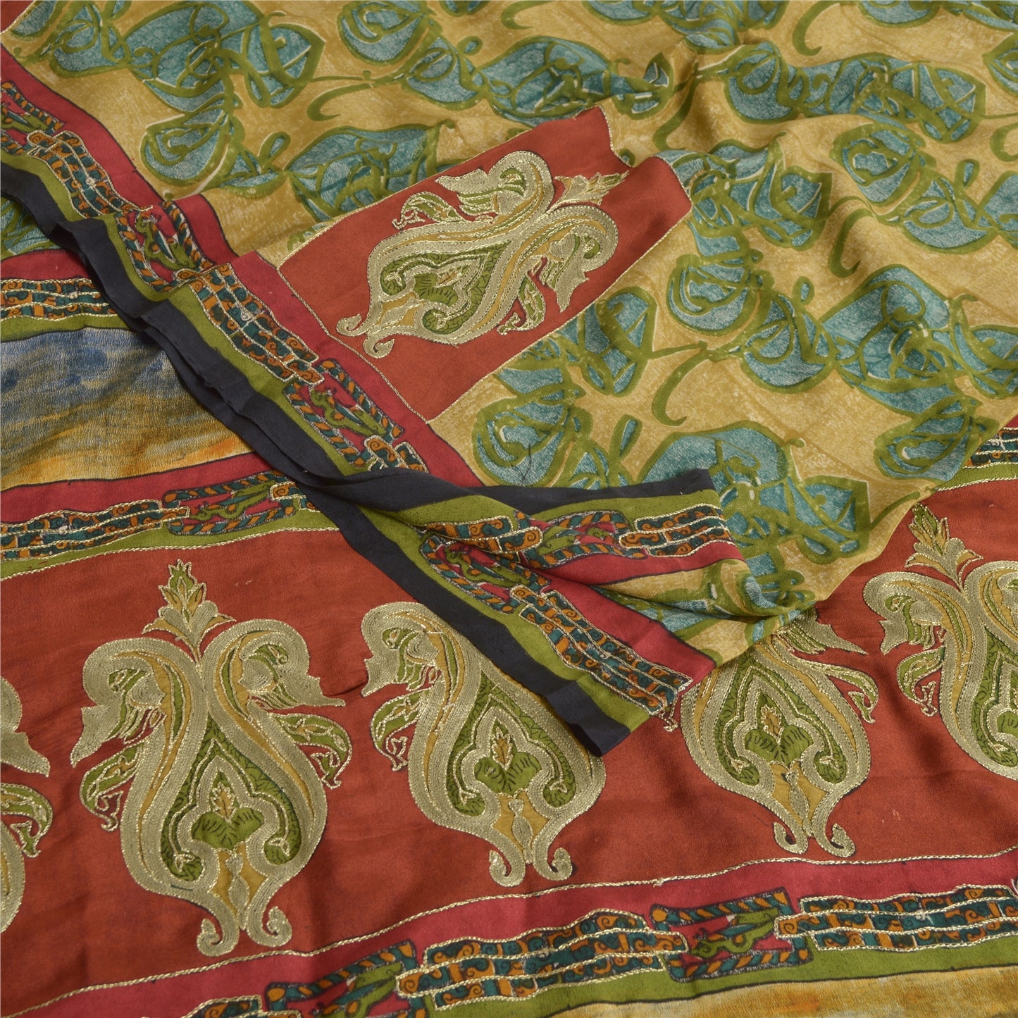 Sanskriti Vintage Sarees Green Embroidered Pure Crepe Silk Printed Sari Fabric