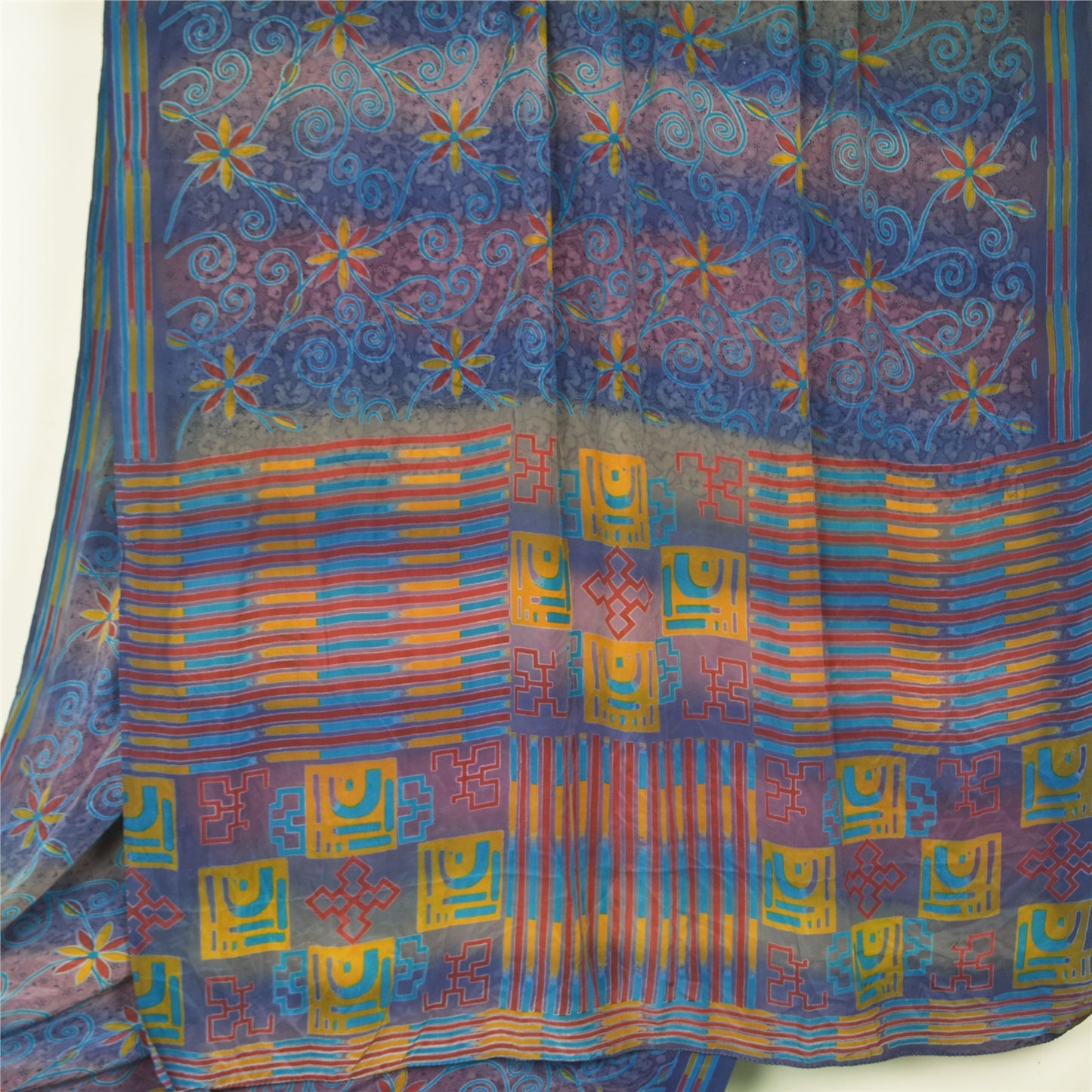 Sanskriti Vintage Blue Indian Sarees Pure Crepe Silk Printed Sari Craft Fabric