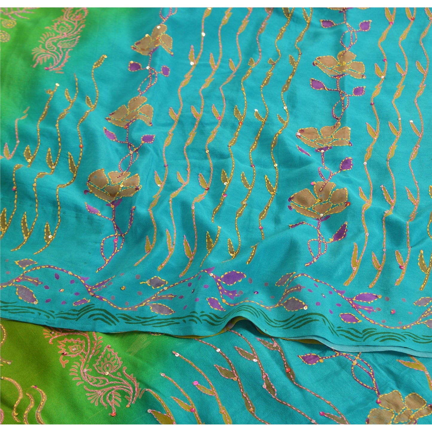 Sanskriti Vintage Green/Blue Sarees Pure Crepe Print Handmade Kantha Sari Fabric