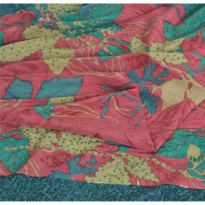 Sanskriti Vintage Pink/Blue Sarees Pure Crepe Silk Printed Sari Craft Fabric