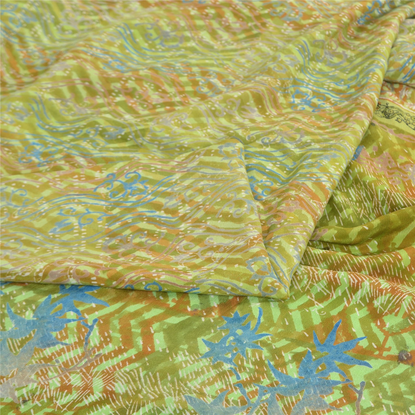 Sanskriti Vintage Green Indian Sarees Pure Crepe Silk Printed Sari Craft Fabric