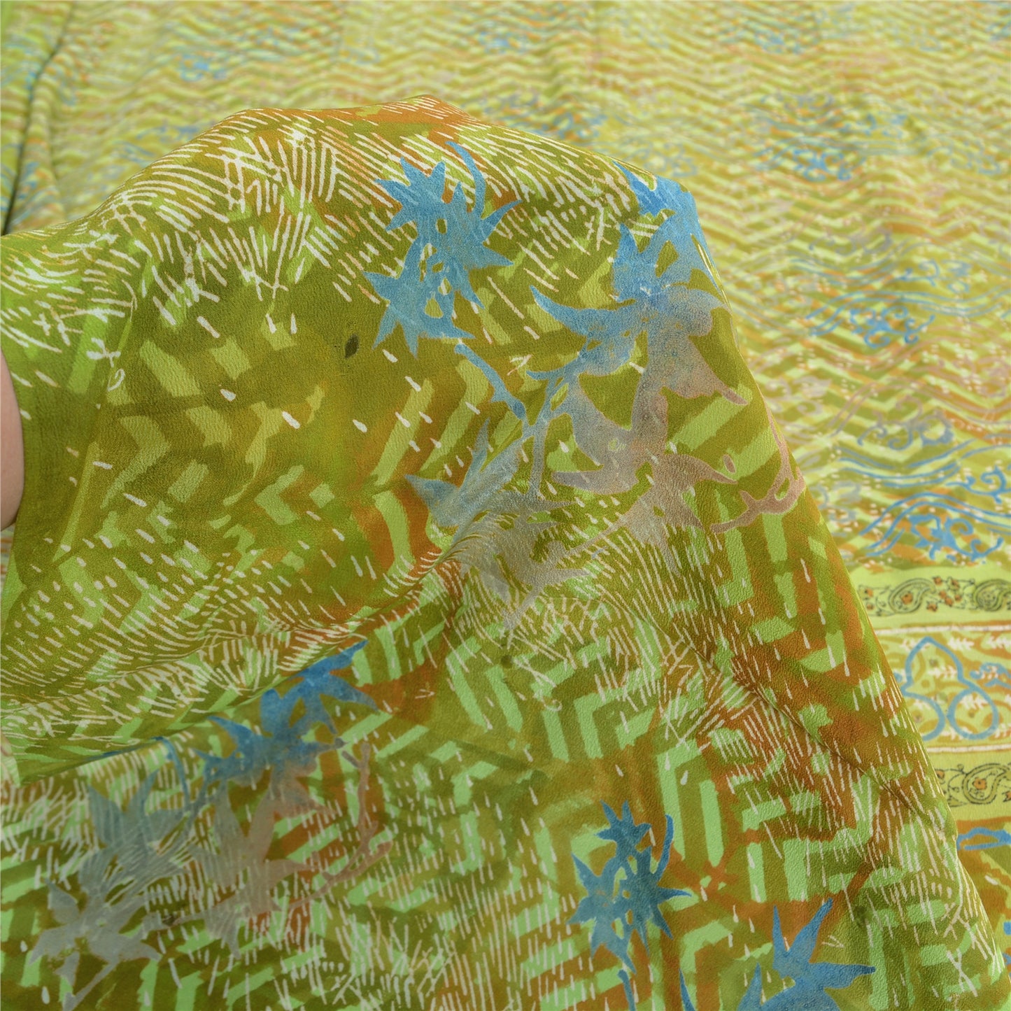 Sanskriti Vintage Green Indian Sarees Pure Crepe Silk Printed Sari Craft Fabric