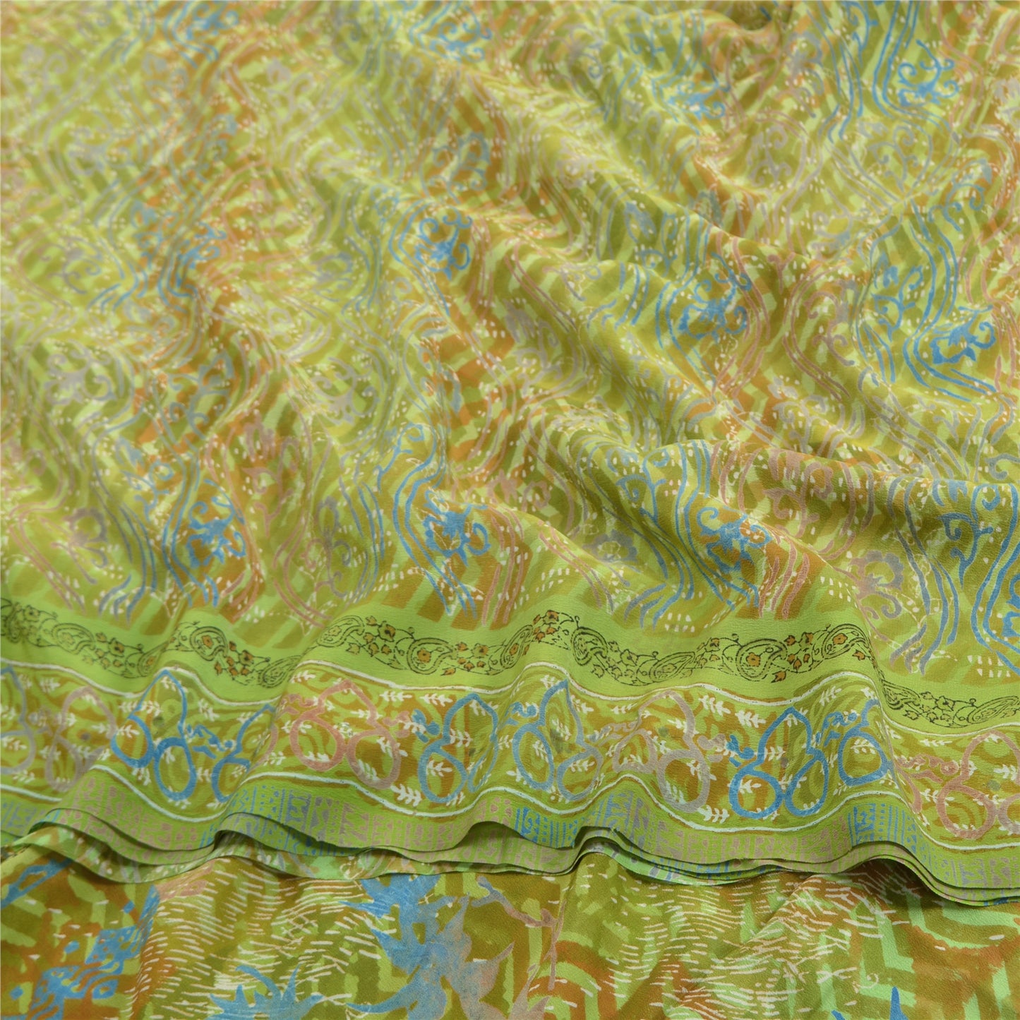 Sanskriti Vintage Green Indian Sarees Pure Crepe Silk Printed Sari Craft Fabric