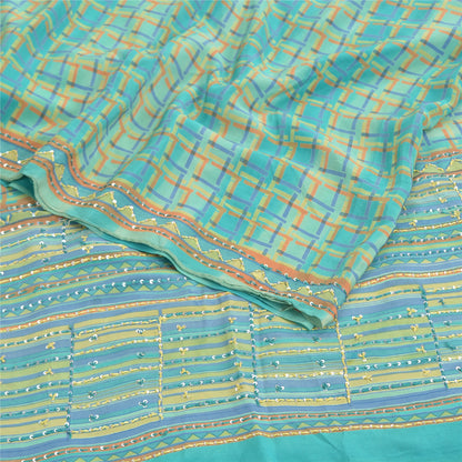 Sanskriti Vintage Sky Blue Sarees 100% Pure Crepe Silk Printed Sari Craft Fabric