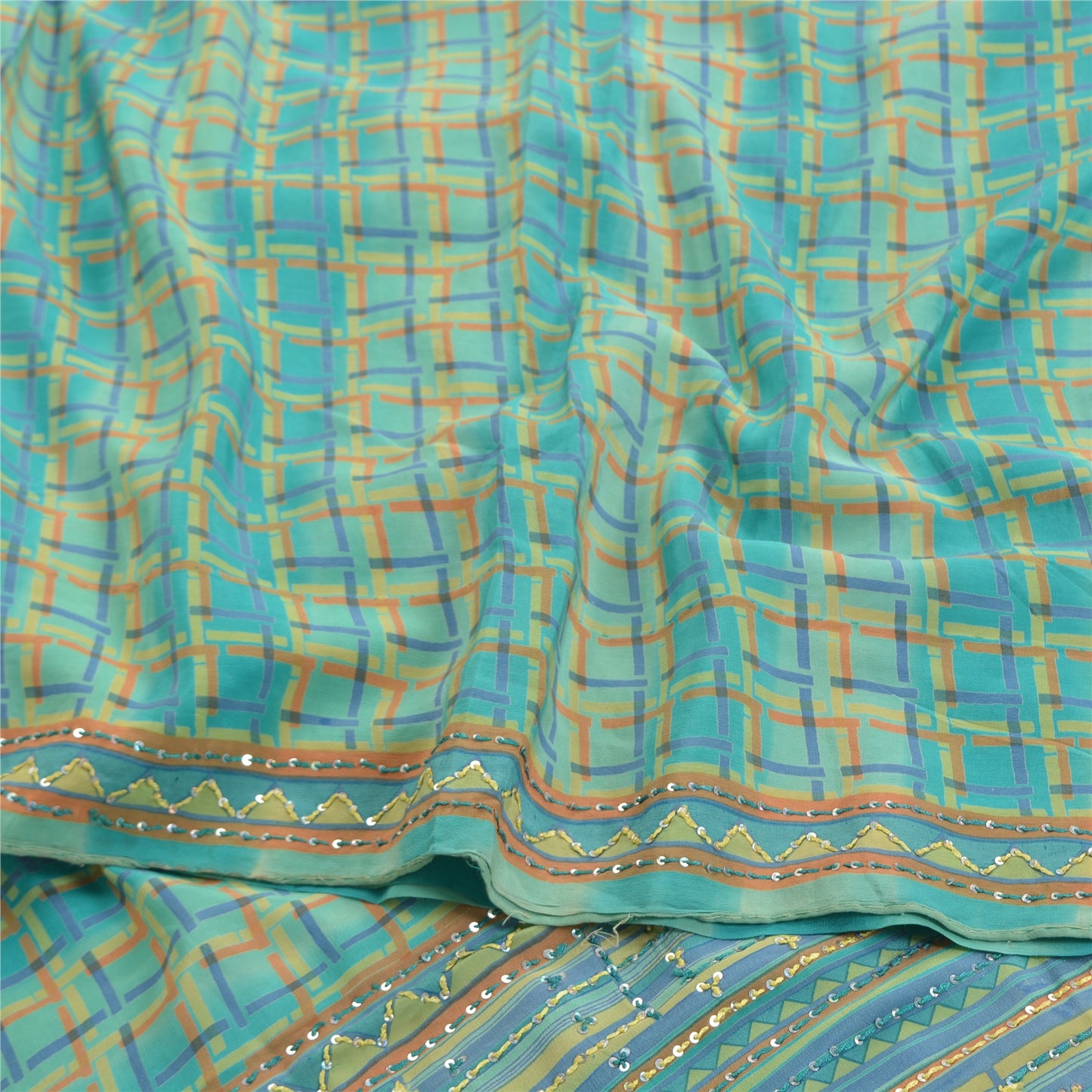 Sanskriti Vintage Sky Blue Sarees 100% Pure Crepe Silk Printed Sari Craft Fabric