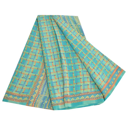 Sanskriti Vintage Sky Blue Sarees 100% Pure Crepe Silk Printed Sari Craft Fabric