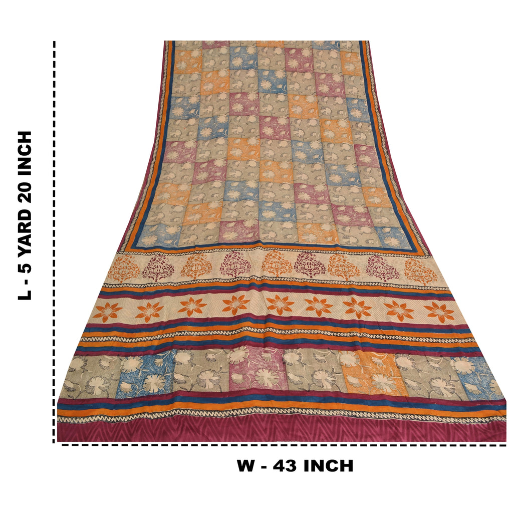 Sanskriti Vintage Sarees Indian Multi Pure Crepe Silk Printed Sari Craft Fabric