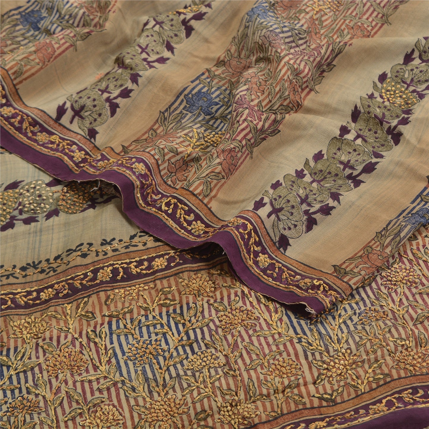 Sanskriti Vintage Sarees Multi Hand Beaded Printed Pure Crepe Sari Craft Fabric