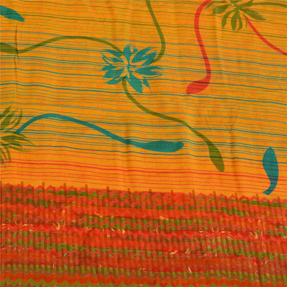 Sanskriti Vintage Sarees Indian Yellow Pure Crepe Silk Printed Sari Craft Fabric