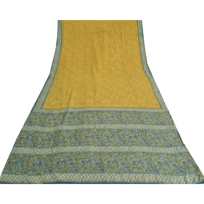 Sanskriti Vintage Sarees Yellow/Gray Pure Crepe Silk Printed Sari Craft Fabric