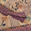 Sanskriti Vintage Sarees Purple/Cream Hand Bead Kantha Pure Crepe Sari Fabric