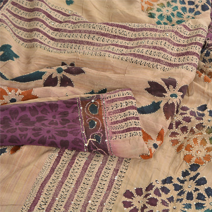 Sanskriti Vintage Sarees Purple/Cream Hand Bead Kantha Pure Crepe Sari Fabric