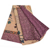 Sanskriti Vintage Sarees Purple/Cream Hand Bead Kantha Pure Crepe Sari Fabric