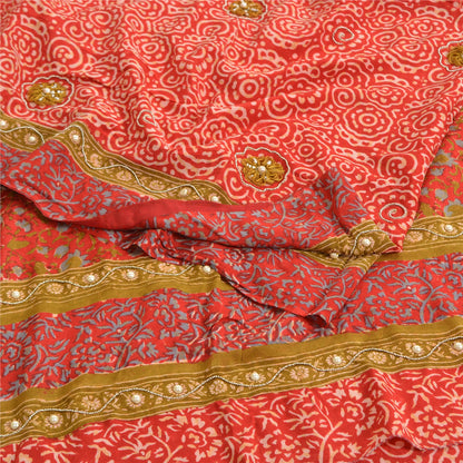 Sanskriti Vintage Sarees Red Hand Beaded Applique Print Pure Crepe Sari Fabric