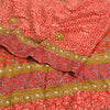 Sanskriti Vintage Sarees Red Hand Beaded Applique Print Pure Crepe Sari Fabric