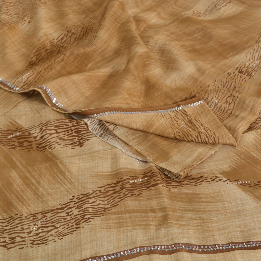 Sanskriti Vintage Sarees Unique Brown Pure Crepe Hand Beaded Printed Sari Fabric