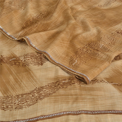 Sanskriti Vintage Sarees Unique Brown Pure Crepe Hand Beaded Printed Sari Fabric