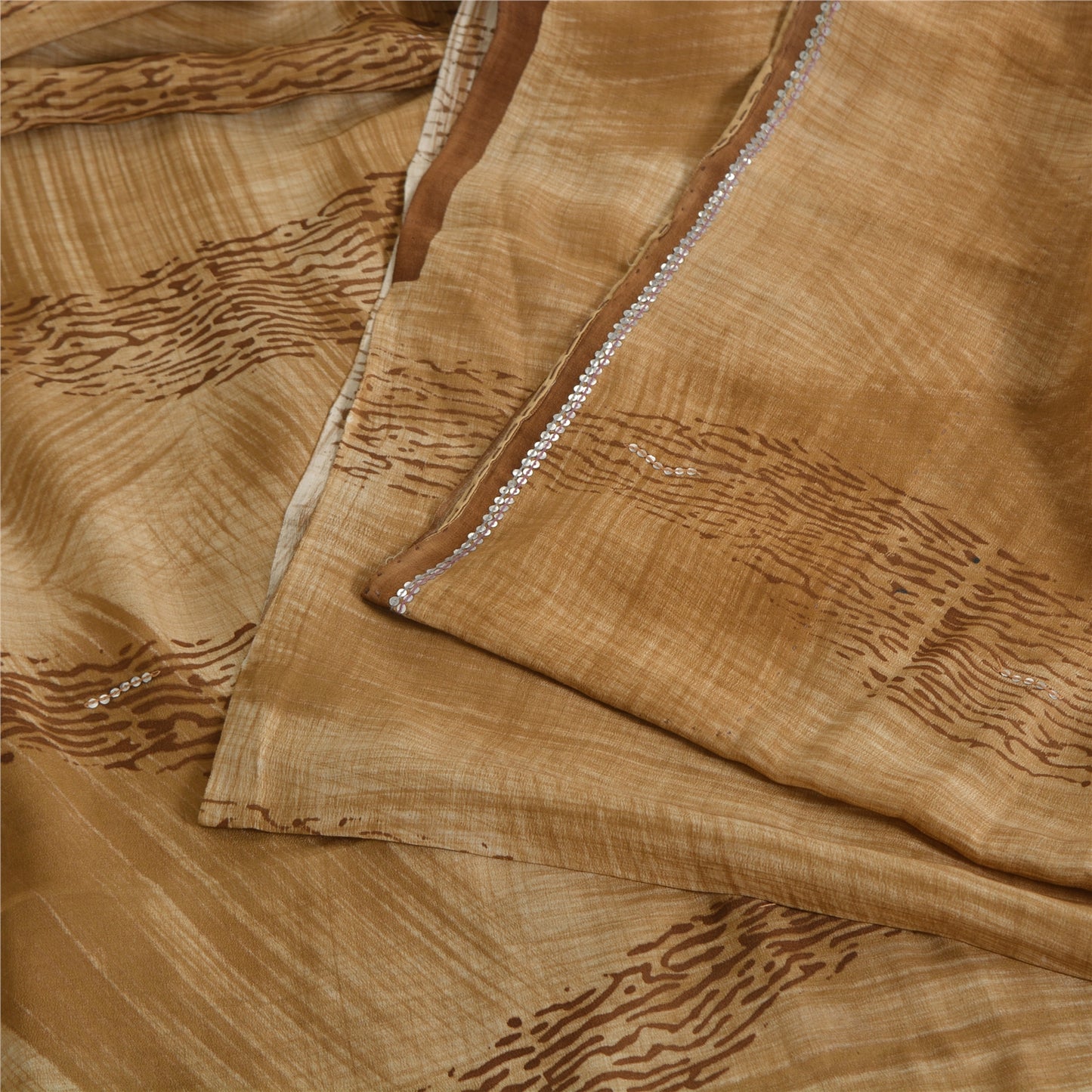 Sanskriti Vintage Sarees Unique Brown Pure Crepe Hand Beaded Printed Sari Fabric